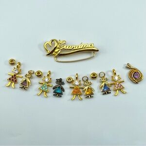 Vintage K.I.S. “Grandma” Brooch with 4 Sterling Silver 925 Birthstone Charms